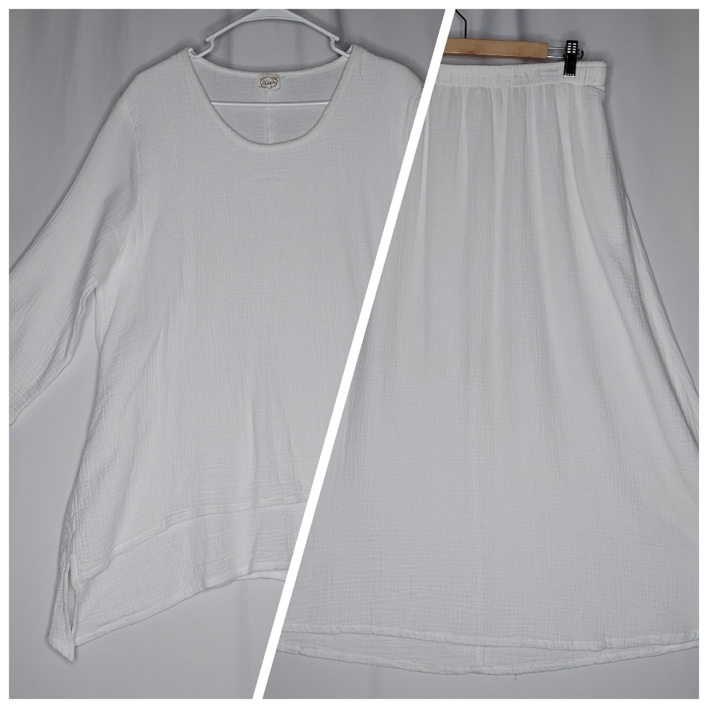 Et'Lois Skirt Top Set Medium White Gauze Textured Pocket 3/4 Minimal Coastal